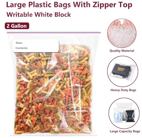 Large Plastic Bags With Zipper Top and Writable White Block, 2 Gallon,13x15in,2-Mil Thick,25 Pack,Storage Bags for Clothes,Travel, Moving, Reusable,Heavy-Duty,BPA-Free, Clear Plastic - size: 13x15in