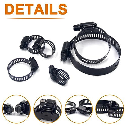 30pcs Black Hose Clamps 6-51mm(1/4"-2") Adjustable Range 304 Stainless Steel Worm Gear Hose Clamps 6 Sizes Assortment Kit for Plumbing, Automotive, Mechanical Applications (Black)
