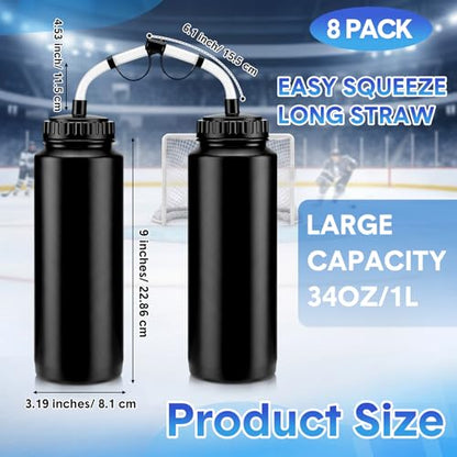 8 Pack Hockey Water Bottles 1 Liter Easy Squeeze Plastic 34 oz Sports Water Bottles with Long Straws for Hockey, Lacrosse, Football, Soccer, Baseball, Gym Sports Helmets (Black) - color: Black