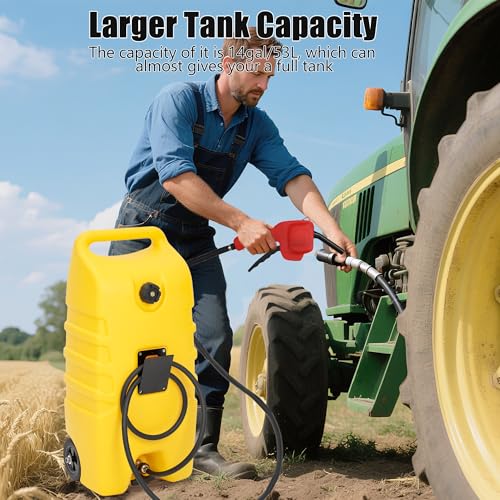 EcoExplorer 14 Gallon Gas Caddy, 53l Portable Fuel Tank and Fuel Transfer Pump with 10-Foot Hose for Lawn Mower, Farm, Marine, and Home Use, Yellow