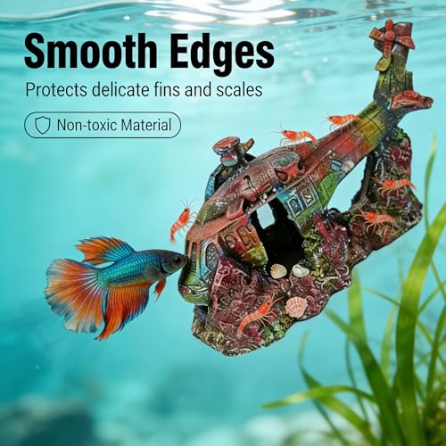 Aquarium Helicopter Ruins Ornament, Realistic Resin Stone Landscaping Decor, Safe Hiding Shelter for Fish Shrimp & Turtles, Ideal for Freshwater Saltwater Tank Aquascape