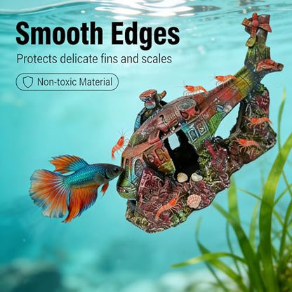 Aquarium Helicopter Ruins Ornament, Realistic Resin Stone Landscaping Decor, Safe Hiding Shelter for Fish Shrimp & Turtles, Ideal for Freshwater Saltwater Tank Aquascape