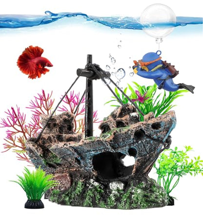6 Pcs Aquarium Decor Set Shipwreck Decoration Little Diver Floating Fish Tank Decoration Fish Tank Plants