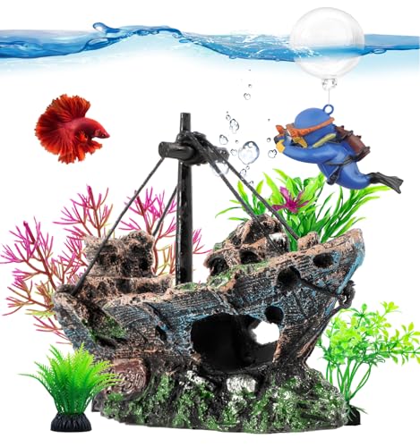 6 Pcs Aquarium Decor Set Shipwreck Decoration Little Diver Floating Fish Tank Decoration Fish Tank Plants