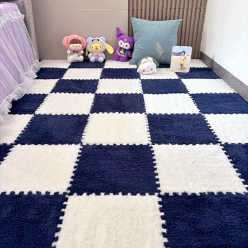 10 Pieces Plush Puzzle Play Mat 12''x12''x0.4'' Interlocking EVA Foam Mats,Shaggy Fluffy Carpet Floor Tiles Non-Slip Protective Floor Area Rug (White Navy) - color: White Navy