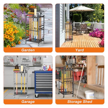 Garden Tool Organizer with Wheels, Heavy-Duty Yard Tool Rack with 3 Side Hooks, Holds Up to 40 Long-Handled Tools, Metal Garage Tool Storage for Lawn & Outdoor Organization