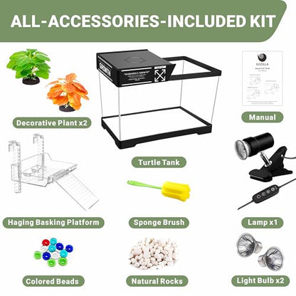 GOZILLA Mini Aquatic Turtle Tank Kit with Adjustable Lamp,PC Turtle Tank Starter Kit,Small Hermit Crab Tanks with Lid, Hanging Platform for Baby Turtles,Crabs,Fish.(11.8×7.24×7.1''/Black Kit) - color: Mini-Black01