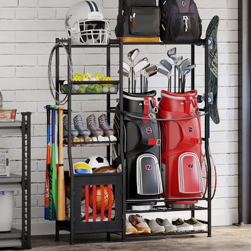 Sports Equipment Organizer Garage Organization , Golf Bag Storage Rack, Organizer for 2 Golf Bag , Indoor/Outdoor Ball Storage Bins for Toy Sports Gear Storage, Ideal for Home, Garage, Club, Basement - size: 11.81"D x 44.9"W x 60.6"H
