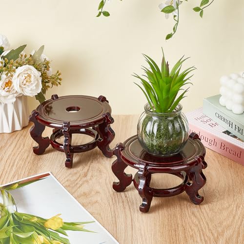 2 Pcs Wooden Plant Stands Indoor, 5.3" Diameter Chinese Oriental Decorative Sturdy Plant Stand for Vases, Planters Mini Fish Tanks (Brown) - size: 5.3 Inch
