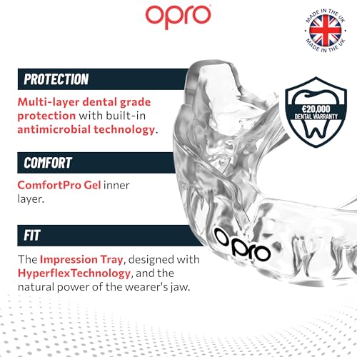 OPRO Instant Custom-Fit Mouthguard – Dentist Level Gum Shield Adult and Kids – OPRO Mouth Guard Boxing and MMA, Self-Fit Gum Shield Rugby – Maximum Protection with Dental Warranty (Clear/White) - color: Clear/White, size: Adult (10+)