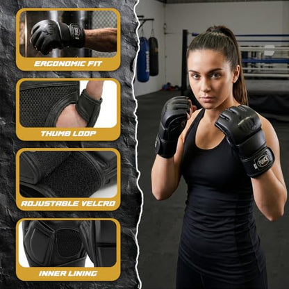 Punch Sports MMA Gloves Open Palm Training Gloves Matt Synthetic Leather Grappling Gloves for Men Women UFC Style Fight Gloves for Sparring Muay Thai Kickboxing Heavy Bag - size: Large-X-Large