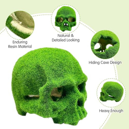Mossy Skull Aquarium Decor, Resin Fish Tank Decorations Shrimp Cave Aquarium Betta Fish Hiedout Reptile House for Small Fish