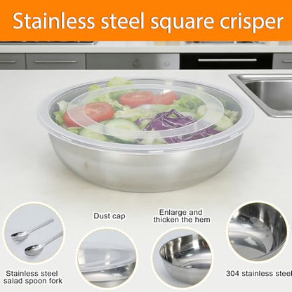 Extra Large Stainless Steel Salad Bowl with Lid and Salad Servers, Wide Mouth Mixing Bowl, Stackable Food Prep Bowl for Kitchen, Fruit, Pasta, Party, Leftovers