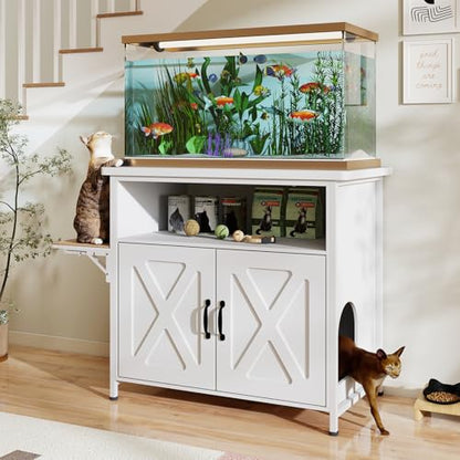 40-50 Gallon Fish Tank Stand with Hidden Cat Litter Box Enclosure Furniture, Cat Viewing Aquarium Stand with Storage Shelf & Side Cat Perch, 36.2"x20.5" Tabletop, 660 LBS Capacity
