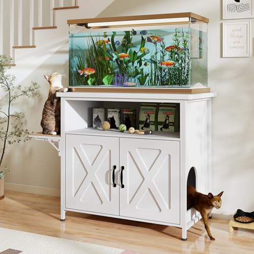 40-50 Gallon Fish Tank Stand with Hidden Cat Litter Box Enclosure Furniture, Cat Viewing Aquarium Stand with Storage Shelf & Side Cat Perch, 36.2"x20.5" Tabletop, 660 LBS Capacity