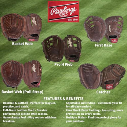 Rawlings | Player Preferred Baseball Glove | Baseball & Slowpitch Softball - color: Basket Web | Brown, size: 12" | Infield