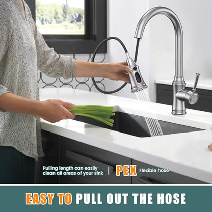 Kitchen Faucet with Pull Down Sprayer, Single Handle High Arc Utility Sink Faucet with Deck Suitable for bar for Kitchen Sink, Laundry Sink, Wet Bar or RV, Brushed Nickel