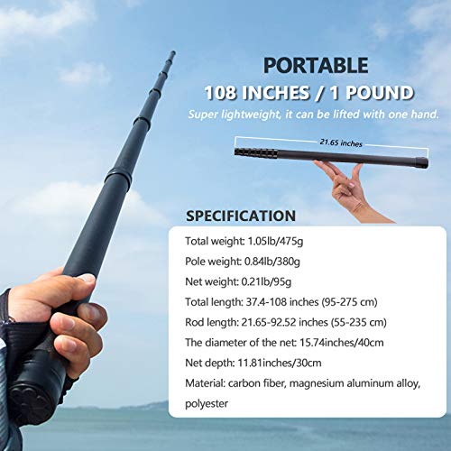 9ft/11.15ft Extra Long Fishing Net with Telescoping Handle, Carbon Fiber Extendable Landing Net, Dip Net for Fishing, Crab nets for Crabbing, Rubber Coated Netting, Holds up to 20lbs - style: 9ft/108"
