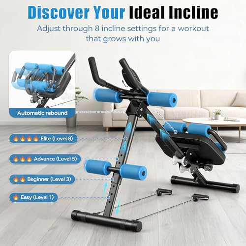 EPHESPORT 2-in-1 Crunch & Sit-Up Ab Machine with Knee & Back Protection | Foldable Ab Workout Machine, 8 Height Levels & 2 Incline Angles, Stable 4-Wheel Base, 330 LBS Capacity - color: Blue
