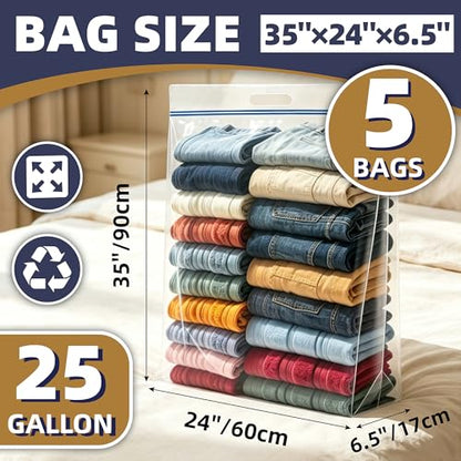 25 Gallon Large Storage Bags, 4 Mil Thick Clear Heavy Duty Plastic Bags with Zipper and Handles, 5 Pack 24"x35" for Clothing, Pillows, Moving and Travel - size: 5 Jumbo