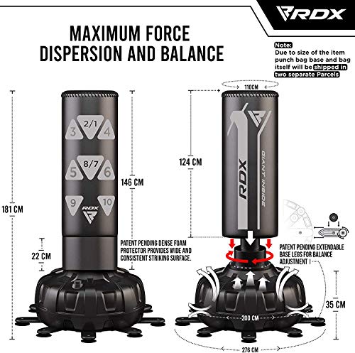 RDX XXL 330LBS Target Freestanding Punching Bag with Cover & Gloves – 72” Adult Heavy Pedestal Punch Bag Set - 17 Suction Cup 8 Extended Legs Stand Base - Kick Boxing MMA Muay Thai Home Gym Fitness - color: SILVER, size: 6FT