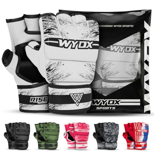 WYOX MMA Gloves for Men & Women – Open Palm MMA Sparring Gloves with Multi-Layer Knuckle & Thumb Padding, Wrist Support, Fingerless Punching Bag Gloves for Grappling, Kickboxing, Muay Thai & Training - color: White, size: S/M (5.9 - 8.2 inch)