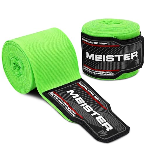 Meister Junior 108" Semi-Elastic Hand Wraps for MMA & Boxing (Pair) | Premium cotton/spandex blend, sized for kids, women and smaller hands for boxing, MMA and Muay Thai - color: Neon Green