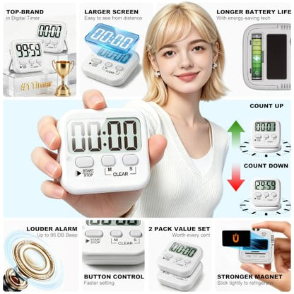 Antonki 2 Pack Digital Timer for Kids Classroom Kitchen Timers for Cooking - color: Pure White *2