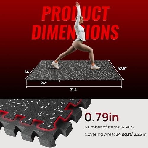 SUPERJARE 0.79'' Extra-Thick Exercise Equipment Mats, 6 Pcs 24 Sq Ft Rubber Top Floor Tiles with High Density EVA Foam, Interlocking Gym Flooring for Home Gym, Protective Workout Mat, Black/Grey - size: 6 Tiles (24 Sq Ft)