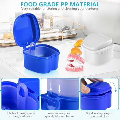 KISEER 2 Pack Colors Denture Bath Case Cup Box Holder Storage Soak Container with Strainer Basket for Travel Cleaning (White and Blue) - color: White and Blue
