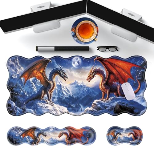 Large Gaming Mouse Pad, Keyboard Wrist Rest Pad & Wrist Support Mousepad Set, Stitched Edge, Extended, Non-Slip Base, Memory Foam Desk Mat for Office, Home,Cool Dragon - color: Cool Dragon