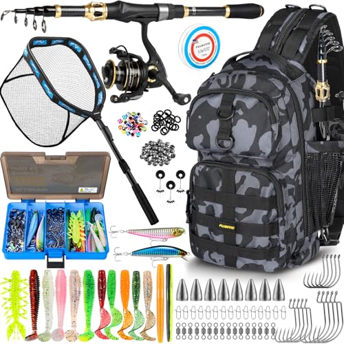 PLUSINNO Fishing Gear- Fishing Rod and Reel Combos, Fishing Backpack, Fishing Net, Fishing Bag with Rod Holders and Tackle Box for Freshwater/Saltwater, Fishing Gifts for Men - style: Black Backpack With Rod&net