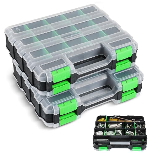 2 Pack Small Parts Organizers, 34-Compartments Double-Sided Tool Box with Removable Dividers for Hardware, Screws, Bolts, Nails & Fishing Accessories, Durable Plastic Storage Case (Green) - color: Green