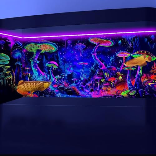 48X18IN Blacklight Mushroom Black Light Aquarium Background UV Reactive Background Starry Sky Terrarium Mushroom Theme Background with 10 EVA Double-Sided Tape - color: Violet bluish, size: 48X18in/120X45cm