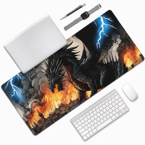 XXL Gaming Mouse Pad 35.4 x 15.7 Inch, Large Extended Desk Mousepad with Dragon Design, Water-Resistant Surface, Stitched Edges, Non-Slip Rubber Base Desk Mat for Gaming & Office - color: Dragon