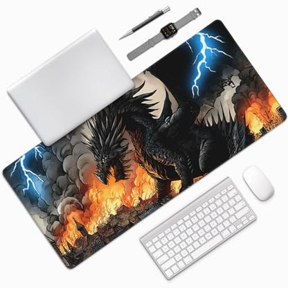 XXL Gaming Mouse Pad 35.4 x 15.7 Inch, Large Extended Desk Mousepad with Dragon Design, Water-Resistant Surface, Stitched Edges, Non-Slip Rubber Base Desk Mat for Gaming & Office - color: Dragon
