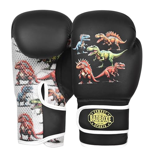 Kids Boxing Gloves 6oz | Boxing Gloves for Kickboxing Muay Thai MMA | Bag Gloves for Punching Bag - color: Dinosaur Black