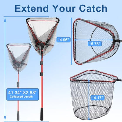 Keenorika Foldable Fishing Landing Net with Telescopic Handle, 29-82 Inches Extendable Fish Net for Trout, Bass and Catfish, Lightweight Honeycomb Mesh Fishing Net for Freshwater Saltwater Fishing