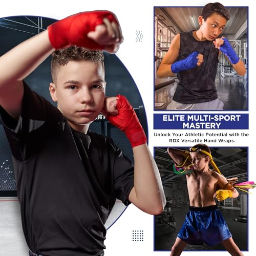 RDX Boxing Wraps Kids 2.5M Inner Gloves, Elasticated Thumb Loop Bandages, Junior Under Mitts Hand Fist Protector Wrist Support Straps, Muay Thai MMA Kickboxing Martial Arts Speed Bag Punching Training - color: RED