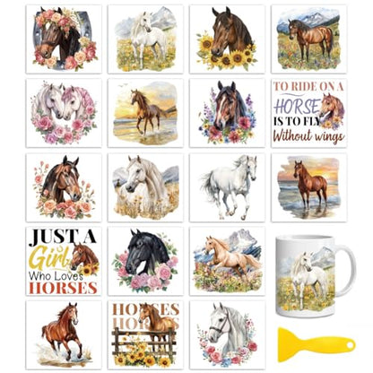 Peacoblue 18 Sheets Rub on Transfers for Crafts, Horse 3.6"x3.9" UV DTF Cup Wraps Waterproof Rub on Cold Transfers Stickers for Wood Glass Metal Cup Tumblers Mirrors Mugs Home Decor - style: Horse