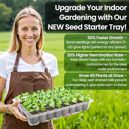 2-Pack Seed Starter Tray with Plant Light, Elevated Seedling Starter Trays Kits with Adjustable Humidity Domes and Clear Cell Tray, 12 Full Spectrum Led Lamp Beads for Plants Indoor-Clear