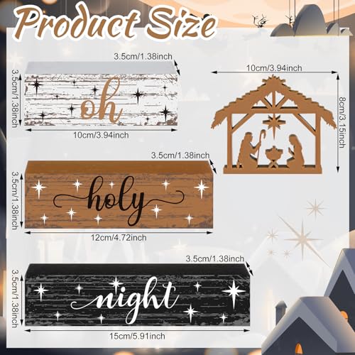 4 Pieces Christmas Nativity Scene Table Decorations Xmas Wooden Silent Night Block Signs Holy Night Tabletop Centerpieces Farmhouse Tiered Tray Decor for Home Table Kitchen Shelf - style: Jesus