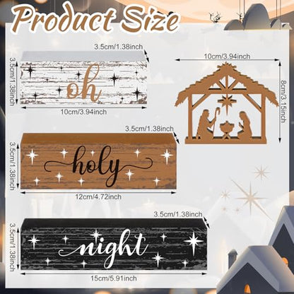 4 Pieces Christmas Nativity Scene Table Decorations Xmas Wooden Silent Night Block Signs Holy Night Tabletop Centerpieces Farmhouse Tiered Tray Decor for Home Table Kitchen Shelf - style: Jesus