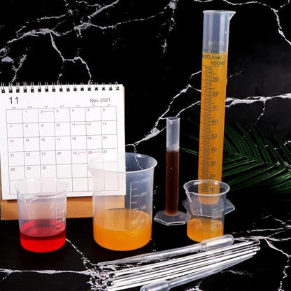 23Pcs Graduated Cylinders Beakers Set 6 Clear Plastic Graduated Cylinders 25/50/100/250/500/1000ml 4 Plastic Beakers 10/25/50/100ml with 8 Plastic Droppers and 5 Stirring Rod