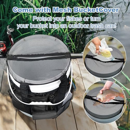 Fishing Bucket Organizer with Bucket Cover Fishing Tackle Bag with Rod & Plier Holder, Multi-Pockets for 5 Gallon Bucket Fishing Gear & Accessories Father Gifts