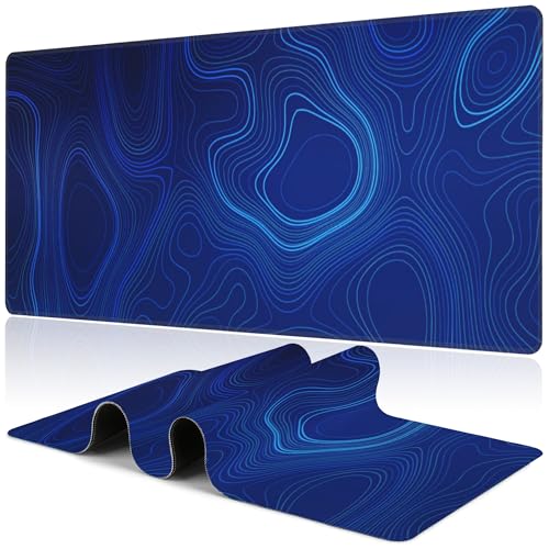 Abstract Topography Design Desk Mat,Large Dark Blue Topographic Line Art Gaming Keyboard Mouse Pad,Non-Slip Rubber Base Desk Pad Thick Stitched Edges Waterproof Mousepad Mouse Mat 31.5"x11.8" - color: Abstract Topography Design
