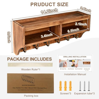 Key Holder Wall Mount with Mail Organizer, 6 Hooks & Shelf, Brown - color: Brown