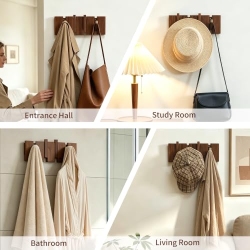 QUELLANCE Wooden Coat Hooks Wall Mounted, Coat Rack Hanger Wall Mount with 4 Hooks, Heavy Duty Coat Hooks for Hanging Coats/Keys/Hats/Robe&Towels/Plants/Bags, Home Decor Gift, Walnut - size: 4 Hooks