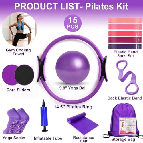 15PCS Pilates Kit for Home Workouts - Complete Set with Pilates Ring, Exercise Ball, Resistance Bands, Core Sliders & Workout Guide - Full Body Toning & Core Strength for Women Beginners