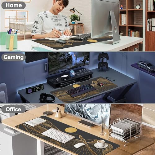 Abstract Golden Mountain Desk Mat,Large Gold Line Art Gaming Keyboard Mouse Pad,Non-Slip Rubber Base Desk Pad Thick Stitched Edges Waterproof Mousepad Mouse Mat 31.5"x11.8" - color: Abstract Golden Mountain